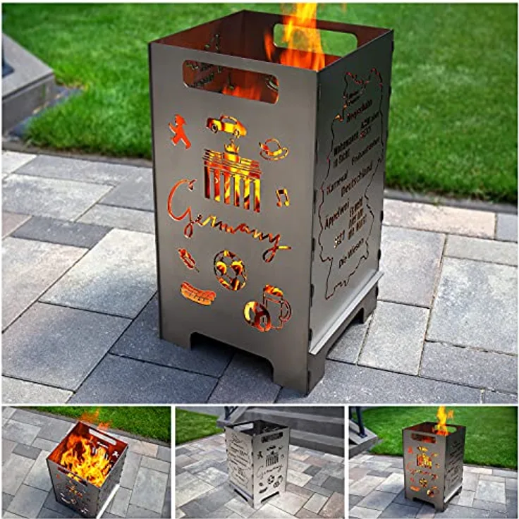tuning-art FK02 Feuerkorb Feuertonne Feuerschale Steckbar Groß 50x30x30, Größe:Germany 45L, Stabiler Feuerkorb mit gelasertem Design, 360° Wärmestrahlung, DC01 Stahl, Rostpatina