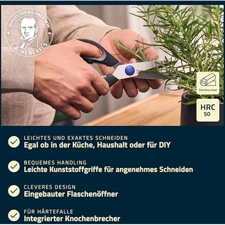 HENCKELS Vielzweckschere 20 cm, rostfreie Küchenschere mit integriertem Flaschenöffner, schwarz – Bild 2
