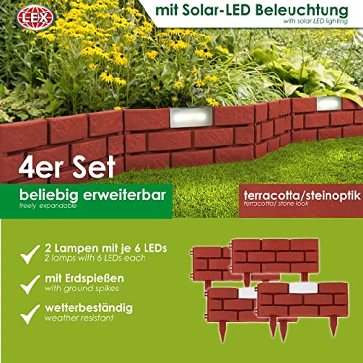 LINDER EXCLUSIV LEX Beetumrandung mit Solar-LED Beleuchtung, 4er Set, beliebig erweiterbar – Bild 2