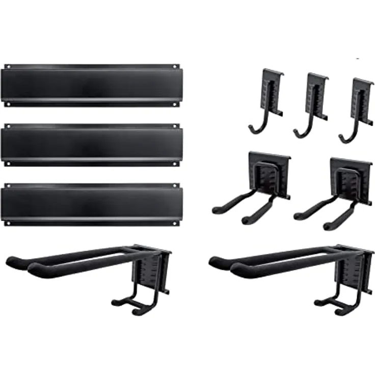 GALLUNOPTIMAL 36 teiliges Gerätehalterung Set bestehend aus 3 Stahl Schienen + 7 Halter + 2 Nylonklettschlaufen und Befestigungsmaterial - Stahlblech schwarz lackiert mit gummierten Halterarmen