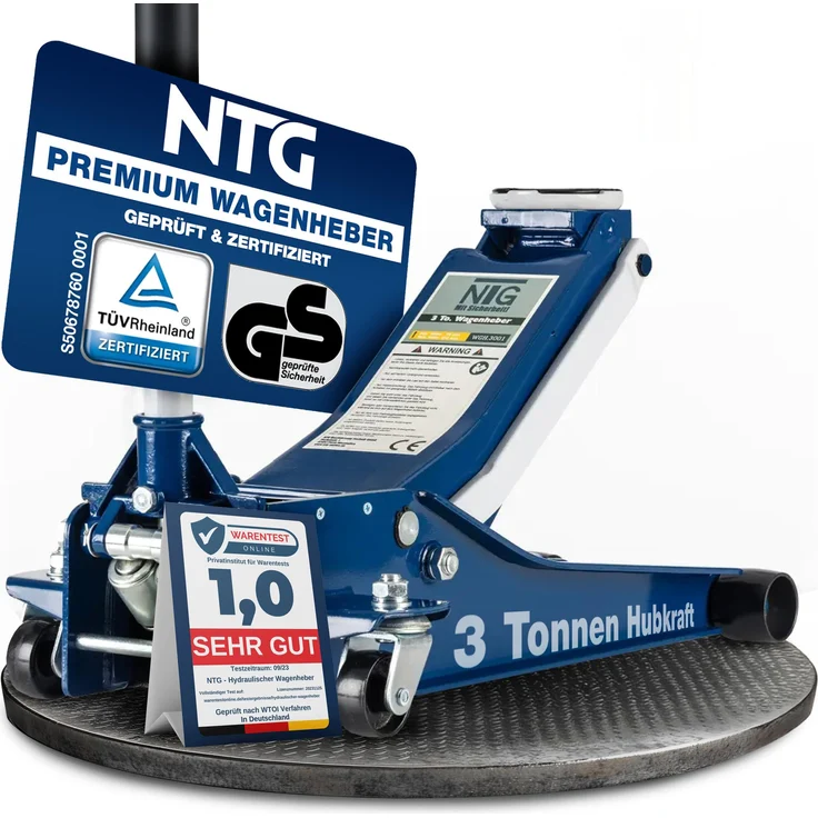 NTG WGH.3001, Hydraulischer Wagenheber 3000 kg, 75–505 mm, Doppelpumpensystem, extra flach für tiefergelegte Fahrzeuge