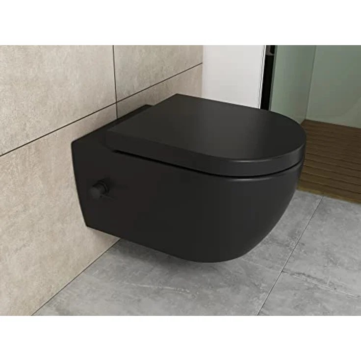 Aqua Bagno Taharet Toilette in schwarz matt, mit Absenkautomatik & Armatur, ohne Spülrand | 51,5 cm lang – Bild 2
