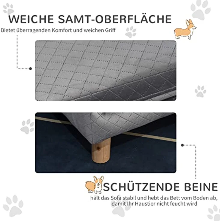 PawHut Hundesofa mit Holzbeinen Hundebett Haustiersofa Hundematte für kleine Hunde bis zu 8 kg Samt-Touch Grau 64 x 45 x 36 cm – Bild 5