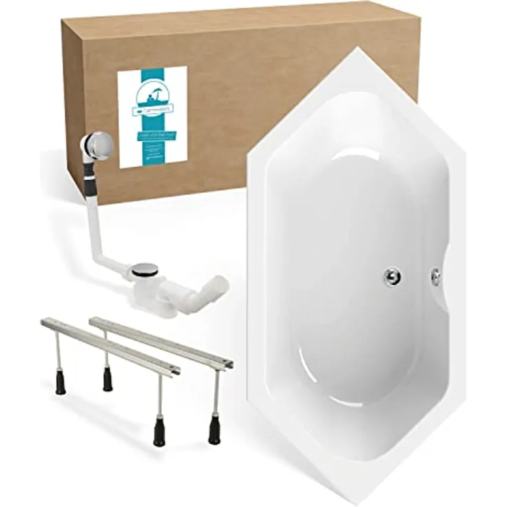 Calmwaters® Sechseck Badewanne Komplettset 190x90 cm mit Wannenfüßen & Ablaufgarnitur, Acrylwanne Exclusive, Duowanne für 2, Set Badewanne komplett, 6 Eck Wanne 190 x 90, Weiß, 99000334