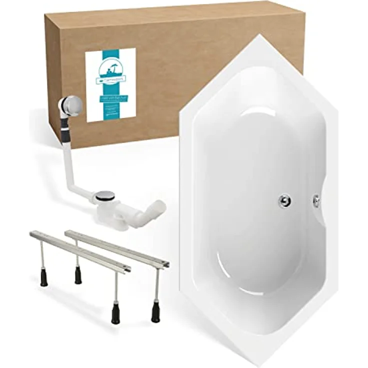 Calmwaters® Sechseck Badewanne Komplettset 190x90 cm mit Wannenfüßen & Ablaufgarnitur, Acrylwanne Exclusive, Duowanne für 2, Set Badewanne komplett, 6 Eck Wanne 190 x 90, Weiß, 99000334 – Bild 1