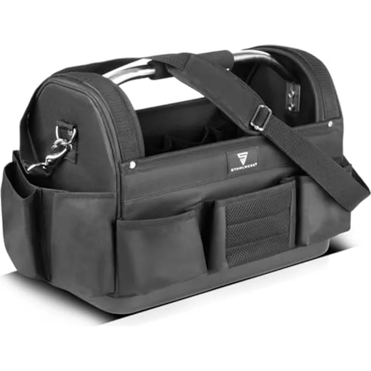 STAHLWERK Werkzeugtasche - 11 Außentaschen, 10 Innentaschen, tragbare Installateur-Tasche aus strapazierfähigem Polyester mit Tragegriff und Schultergurt