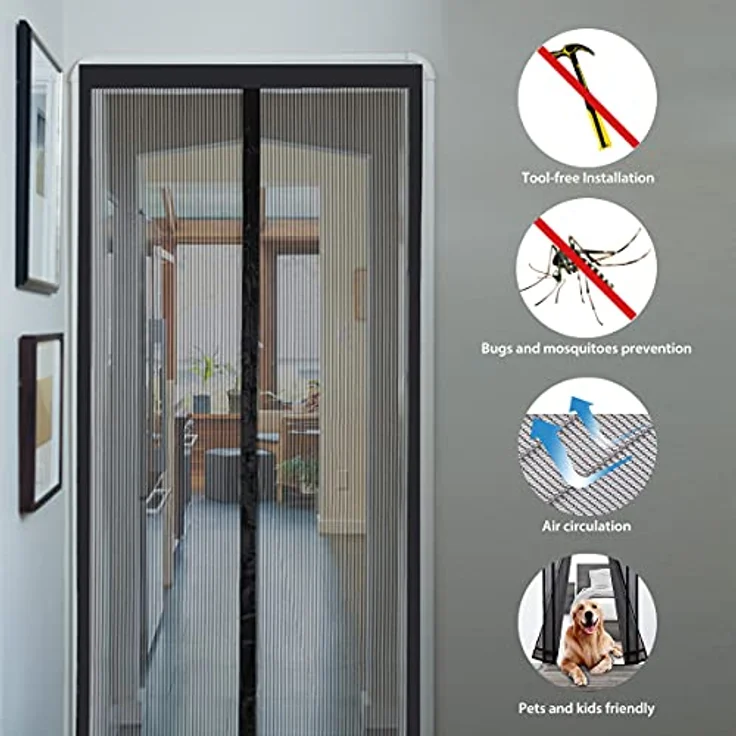 Sekey Magnet Fliegengitter Tür ohne Bohren Katzensicher, Türvorhang Balkon Magnetvorhang, Insektenschutz Fliegenschutz mit Verbreitertem Klebeband 130x220cm, Schwarz – Bild 5