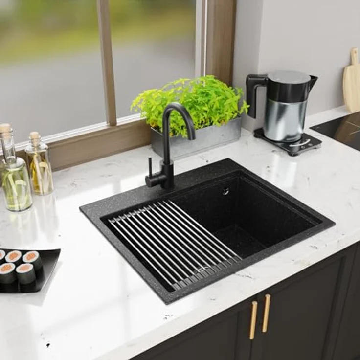 QLS Küchenspüle Comfort 0.0L, Granit-Spülbecken, 58x49,5cm mit Siphon, langlebig und kratzfest, Schwarz – Bild 5