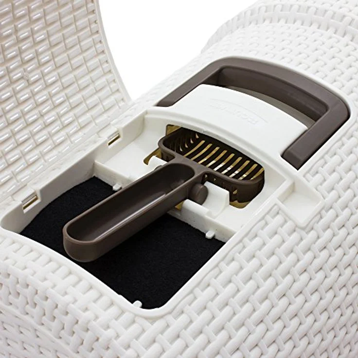 Curver petlife Katzentoilette mit Deckel, Katzenklo inklusive Schaufel, moderne Rattangeflecht-Optik, weiß, 51,5 x 38,5 x 40 cm – Bild 4