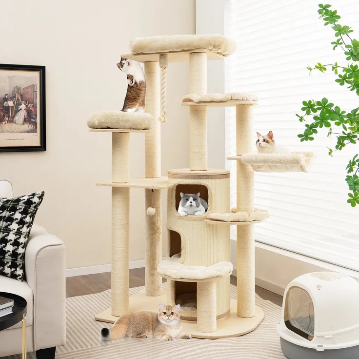 COSTWAY Kratzbaum Katzenbaum, 173cm deckenhoch, mit 3 Katzenhöhle, Beige