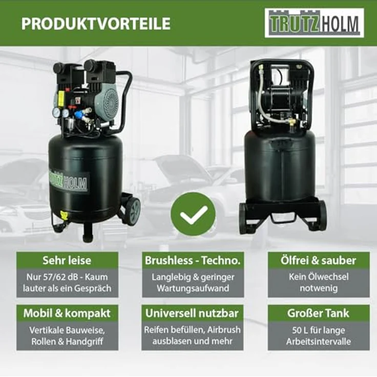 TrutzHolm Silent Flüsterkompressor 50L, 1500W, 62dB, 8 bar, vertikal, ölfrei, wartungsarm – Bild 8