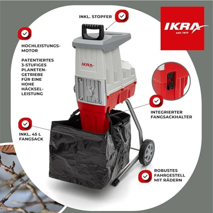 ikra GmbH Häcksler ILH 3000 S, 3000 Watt Walzenhäcksler mit 4,4 cm max. Astdurchmesser und automatischem Asteinzug – Bild 6