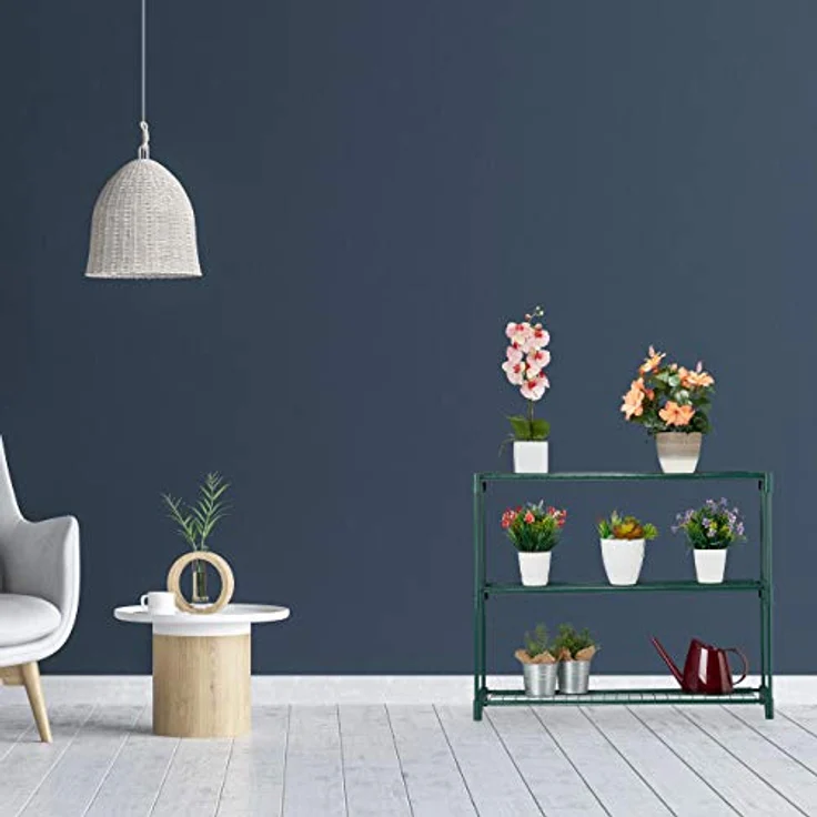 Relaxdays Pflanzenregal, 3 Ablagen, für Blumen-& Pflanzentöpfe, Indoor, Metall & Kunststoff, HBT 74,5x91x28,5 cm, grün, 1 Stück – Bild 2