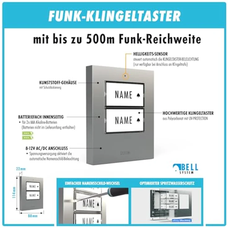 m-e Funkklingel BELL-522 BO Silber, Erweiterbare kabellose Türklingel mit 500m Reichweite, Set mit 2 mobilen Türglocken und auswechselbaren Namensschildern – Bild 5