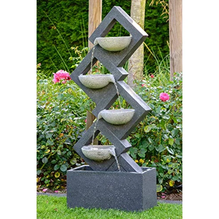 dobar Großer Design Gartenbrunnen mit Pumpe und LED´s, XL-Brunnen mit 4 Wasserschalen aus Kunststein, Grau, 41,5 x 20,5 x 100,5 cm – Bild 3