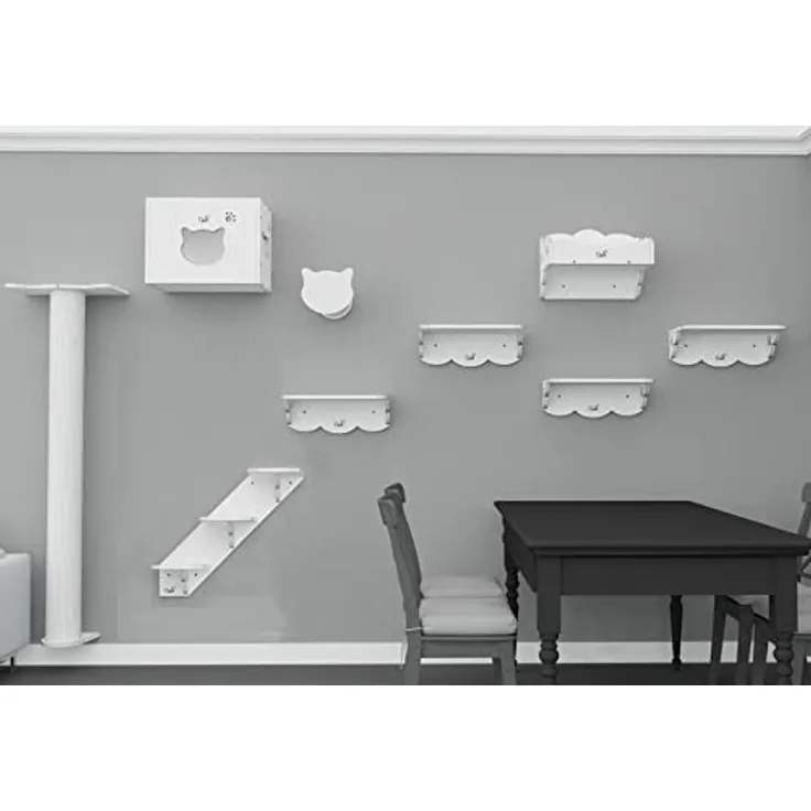 CatS Design Katzen Kletterwand Set XXL große Katzen stabil-Wandkratzbaum-Wandliege-Wandbett-Kletterstufen-Wandhöhle-Wand Kratzsäule-Wandelemente-8 Teilig Holz Wandpark E1