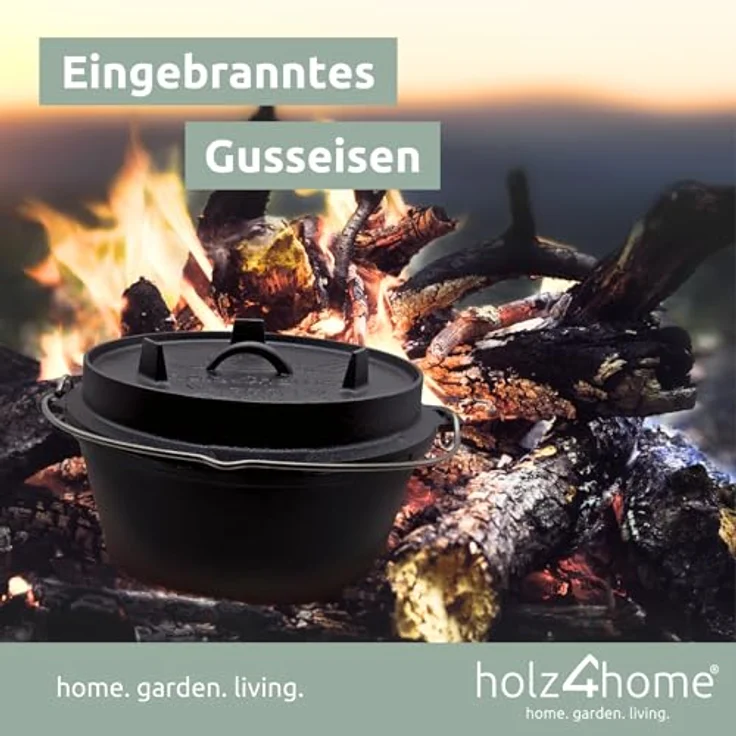 holz4home® Dutch Oven Gusseisen I 9L Feuertopf mit Zubehör I Deckelheber Reinigungsbürste Untersetzer Schmortopf zum Camping – Bild 4