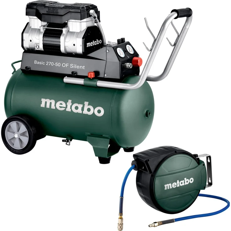 Metabo Basic 270-50 OF Silent Kompressor, 1,5 kW, 10 bar, 50L, inkl. Schlauchaufroller mit 8 m Hybrid-Schlauch