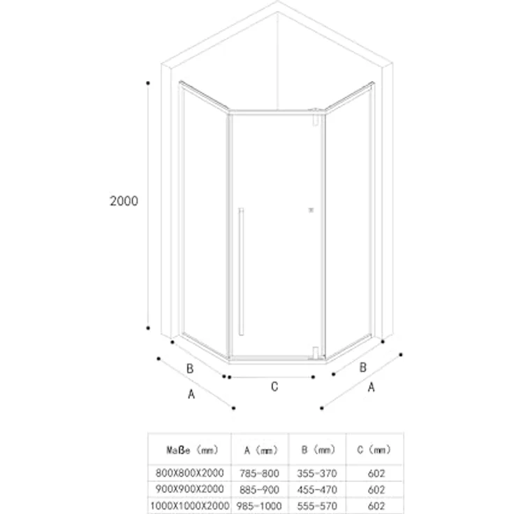 doporro Fünfeckdusche 100x100x200cm, Duschabtrennung aus ESG-Sicherheitsglas mit NANO Edelstahl-Rahmenkonstruktion und magnetischen Dichtungen – Bild 6