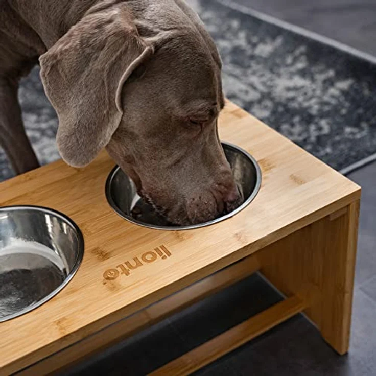 lionto erhöhter Hundenapf Futterstation für Hunde Futterbar für Haustiere aus Bambus 2 Näpfe aus Edelstahl rutschfest, (L) 50x26x26 cm – Bild 3