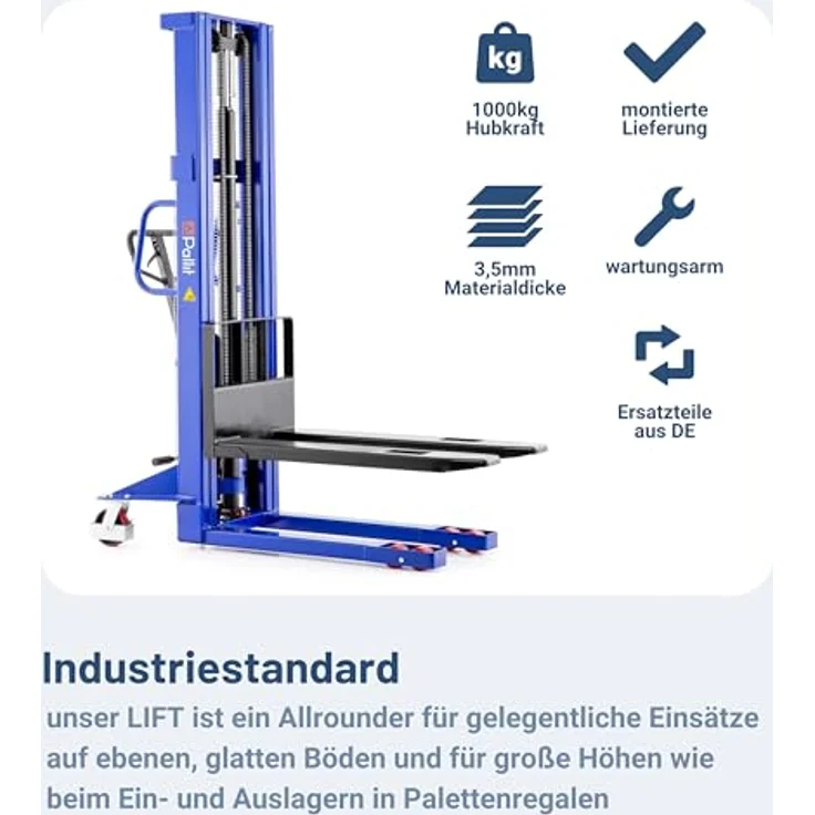 Pallit Hochhubwagen LIFT-M, manueller Handstapler mit 1600mm Hubhöhe, 1000kg Tragkraft und PU Rollen, ergonomisch und wendig – Bild 5