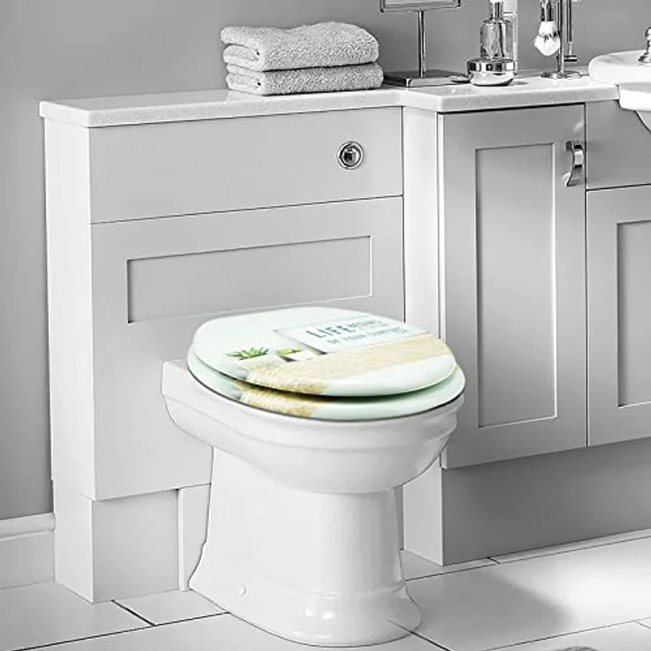 Sanfino WC Sitz Life, Toilettendeckel aus Holz mit Absenkautomatik, weiß-graues Motiv, hochwertige Verarbeitung, verchromte Metallscharniere – Bild 4