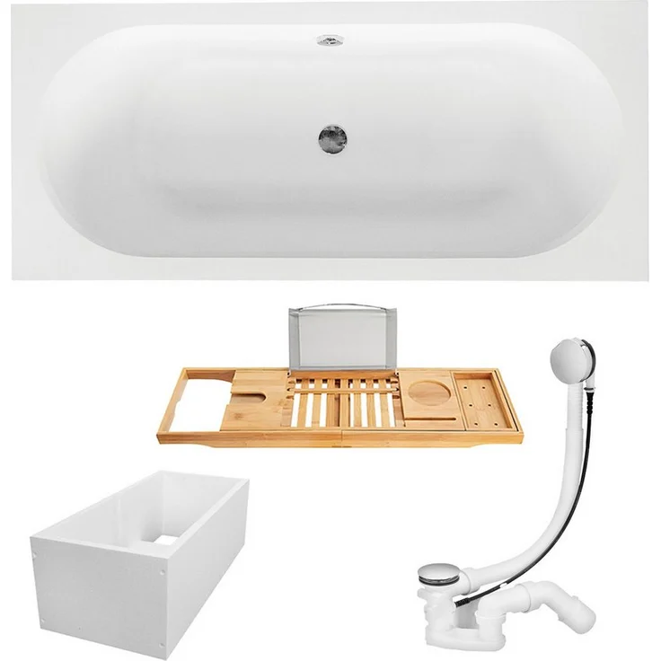 KOLMAN Badewanne Rechteck VITAE 150x75, Acryl mit Wannenträger und Bambus Ablage, schneeweiß