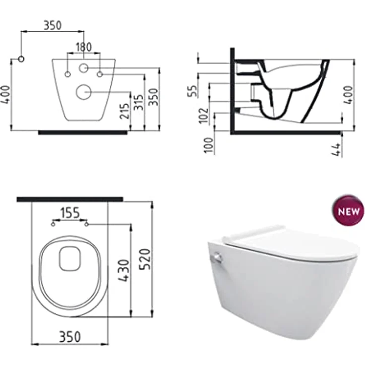 Ekershop Dusch-WC ALESTA TAHARET Spülrandloses Hänge WC integr. Kalt Armatur mit Deckel, Wandhängend, Abgang Waagerecht, Antibakteriell, Anti-Kalk, Taharet Wand WC, WC-Sitz mit Absenkautomatik, Nano-Versiegelung (Farbe: Weiß) – Bild 5