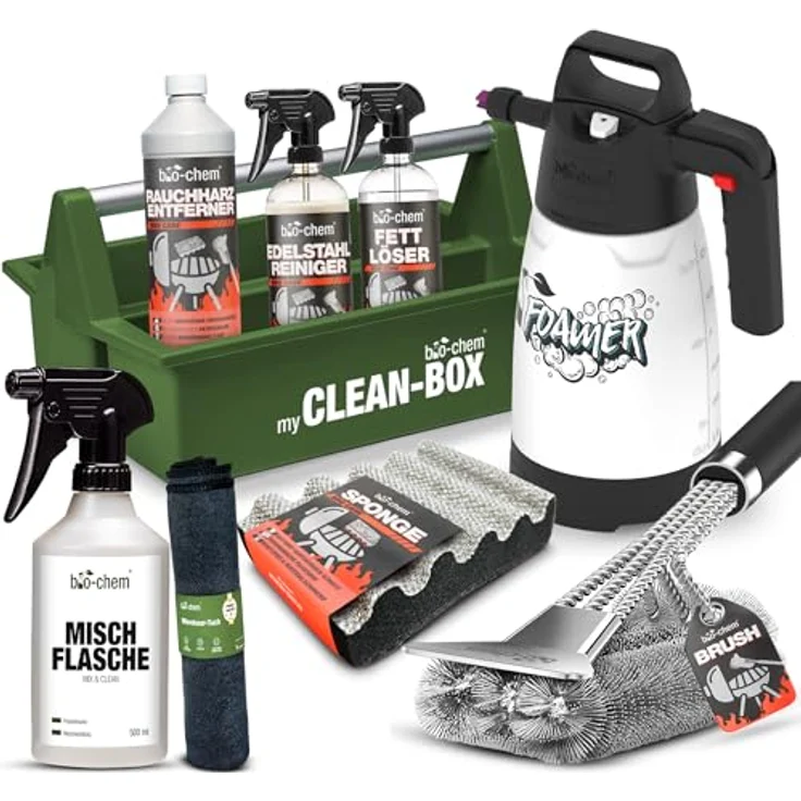bio-chem Grill Reinigungsset 9-teilig, inkl. Rauchharzentferner 1L, Fettlöser und Edelstahlreiniger, umfassende Reinigungslösung für Edelstahl, Gusseisen und Aluminium – Bild 1