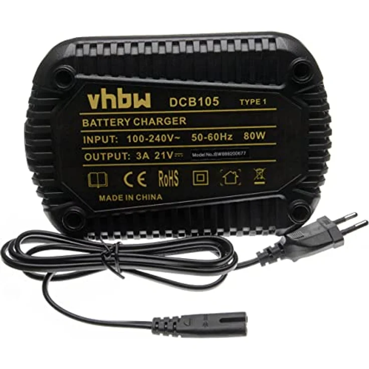 vhbw Ladegerät Ersatz für Dewalt DCB102, DCB120, DCB105, DCB112, für Li-Ion-Werkzeugakkus, schwarz, Input 100-240 V, Output 21 V/3 A – Bild 1