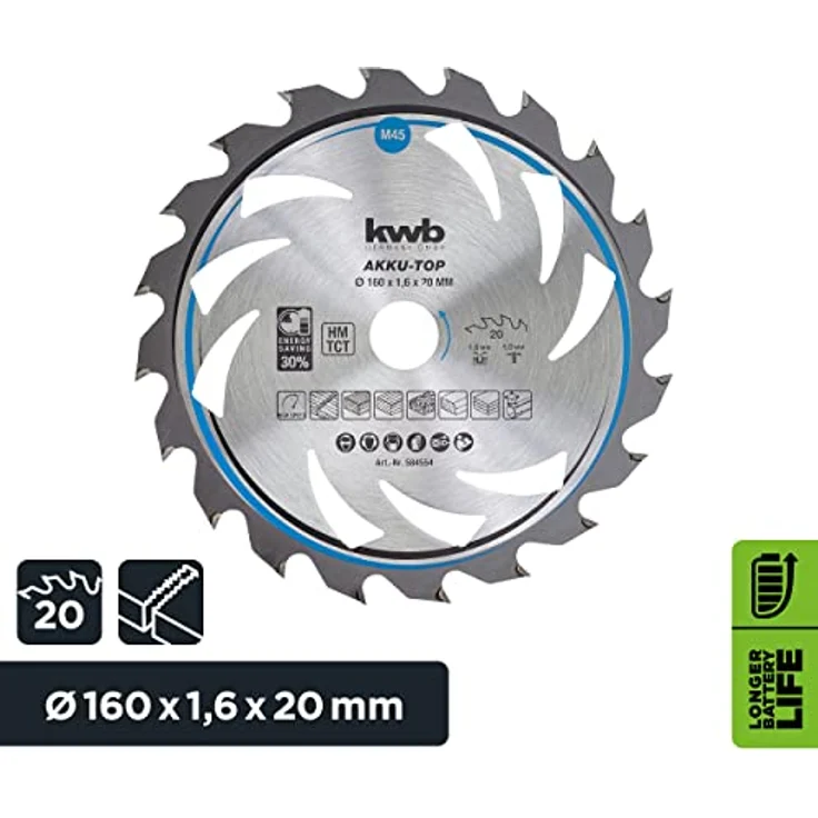 kwb 584554 Energy-Saving Kreissäge-Blatt Easy Cut, Ø 160 x 20 mm Dünn-Schnitt mit Spezial-Wechselzahn 20 Zähnen Z20, AKKU-TOP Dünnschnitt, 160 x 20 – Bild 2