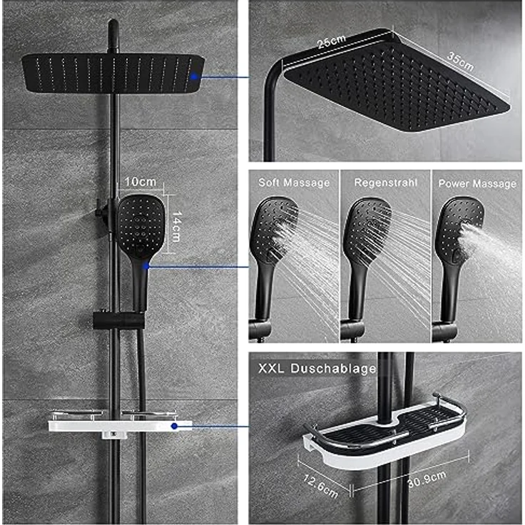 JOHO Edelstahl Duschsystem mit XXL Regendusche 35x25cm, höhenverstellbar, schwarz – Bild 3