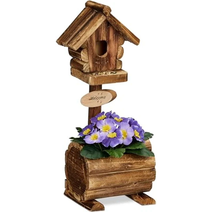 Relaxdays Deko Vogelhaus mit Blumentopf, Tannenholz, rustikales Design, HxBxT: 41 x 15 x 15 cm, Dekohäuschen, Natur – Bild 1