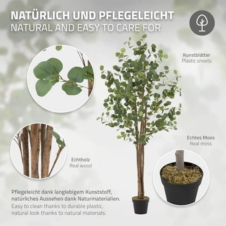 ML DESIGN Künstliche Eukalyptus 180 cm, Kunstpflanze mit Naturholzstamm und schwarzem Topf, Deko für Innen- und Außenbereich – Bild 4