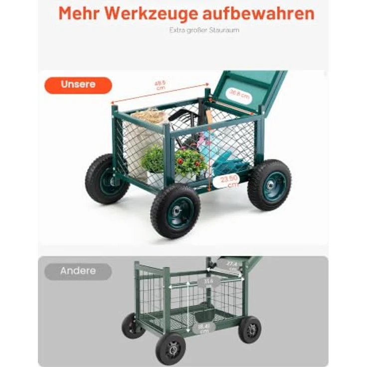 VEVOR Gartenrollsitz, Rollbarer Gartensitz aus Metall mit 180 kg Tragkraft, 4-in-1 Design mit Stauraum, 8-Zoll-Rädern, für Rasen und Terrasse – Bild 3