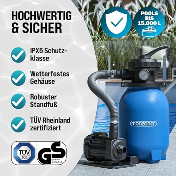 monzana Sandfilteranlage MZPP100, 5000 L/h, für Pools bis 20.000 L, inkl. Filterbälle, 7-Wege-Ventil, schwarz/blau – Bild 4