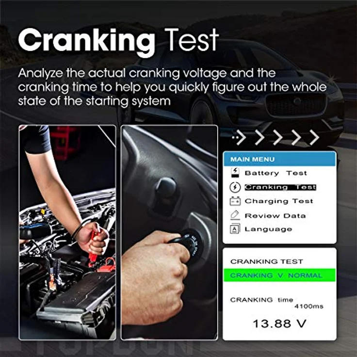 TOPDON Autobatterietester BT200 12V 24V Lasttester, 100-2000CCA Generatorprüfer für Kraftfahrzeuge - Digitaler Autobatterieanalysator, Farb-LCD-Bildschirm, für PKW-LKW ATV Auto Boot – Bild 4