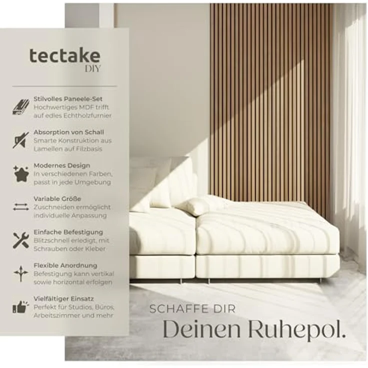 tectake 3D Akustikpaneele, 120 x 60 x 2,1 cm, Holzoptik, Schallabsorber für Wohnzimmer und Küche, Eiche, 2er Set – Bild 2