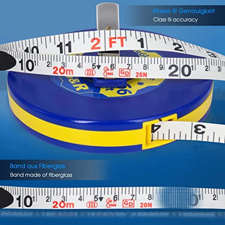S&R Bandmaß Fiberglas 20m / 66 Ft, Breite 13mm, Rollmeter METER und ZOLL doppel Seiten markiert, Rollmaßband 20 m Maßmeter Kapselbandmass, schlagfestes ABS-Kunststoffgehäuse – Bild 4