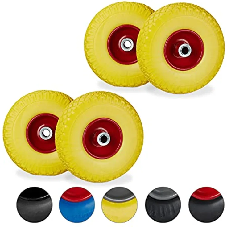 Relaxdays 4 x Sackkarrenrad, pannensichere Vollgummireifen, 3.00-4" Stahlfelge, 20 mm Achse, 100kg, Ersatzrad 260 x 85mm, gelb-rot