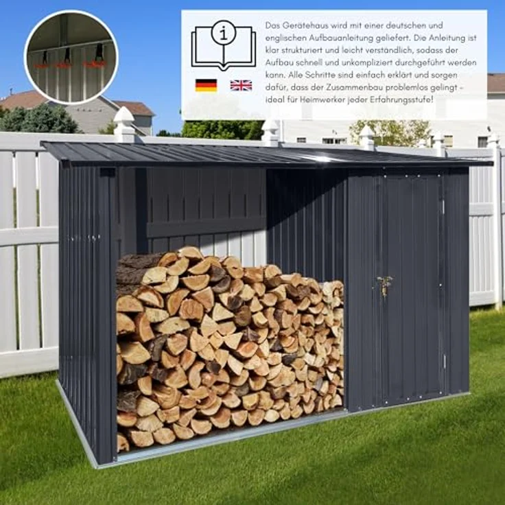 ALBATROS Profi Gerätehaus M – Geräteschuppen mit Holzunterstand für 2,3m³ Holz, verzinktes Metall in Anthrazit (RAL 7016) 366x127x161cm, wetterfester Gerätelager Gartenschrank – Bild 2