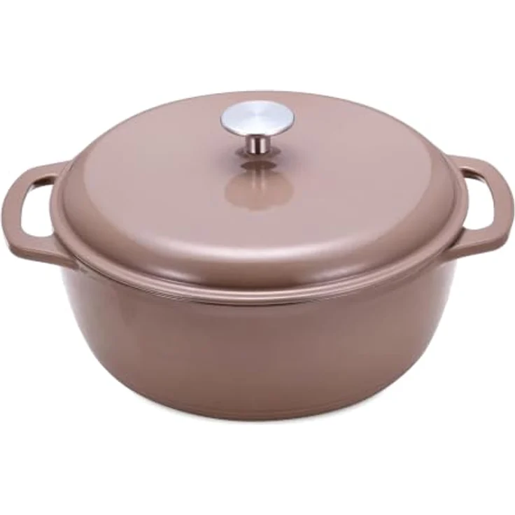 Amazon Basics Schmortopf Rund, Emaillierter Gusseisen Dutch Oven mit Deckel, 5,7 L, Lehmfarben, gleichmäßige Wärmeverteilung, für alle Herdarten geeignet – Bild 1