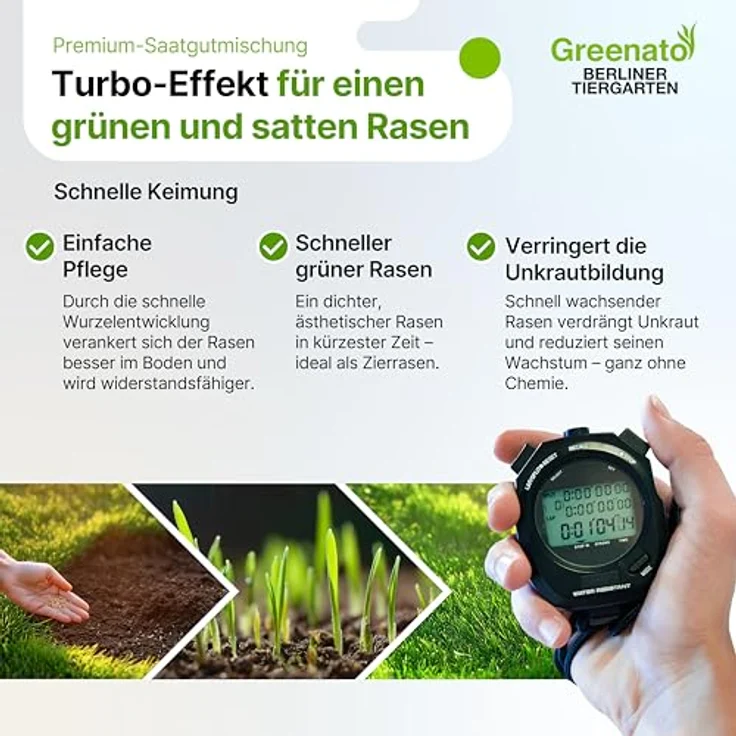 Greenato Rasen Nachsaat 1kg Berliner Tiergarten - schnellkeimend für Frühjahr und Herbst, Rasennachsaat für bis zu 100 m², Schattenrasen, unkrautverdrängend – Bild 3
