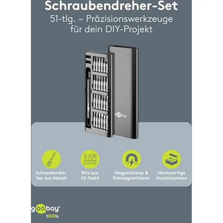 goobay 48 in 1 Schraubendreher Set, Tragbares Mini Werkzeug mit robustem Aluminium-Case, Präzisions-Bitsatz für Reparaturen an Macbook, Laptop, PS4, PS5, iPhone, Uhren und mehr – 77835 – Bild 2