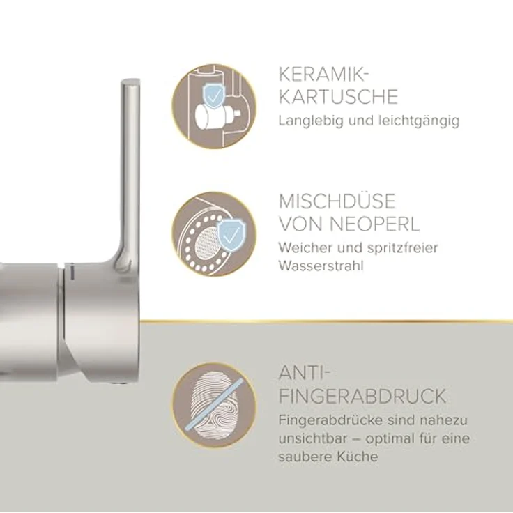 Lenz Küchenarmatur ALUNA, Edelstahl-Optik, flexible Geschirrbrause mit 2 Strahlarten, Anti-Fingerabdruck Oberfläche, 360° Schwenkfunktion – Bild 6