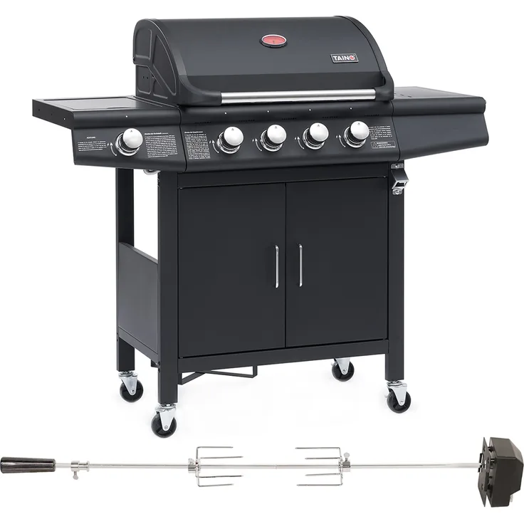 TAINO RED 4+1 Gasgrill Set mit Drehspieß BBQ Grillwagen Edelstahl Brenner+ Seitenkocher