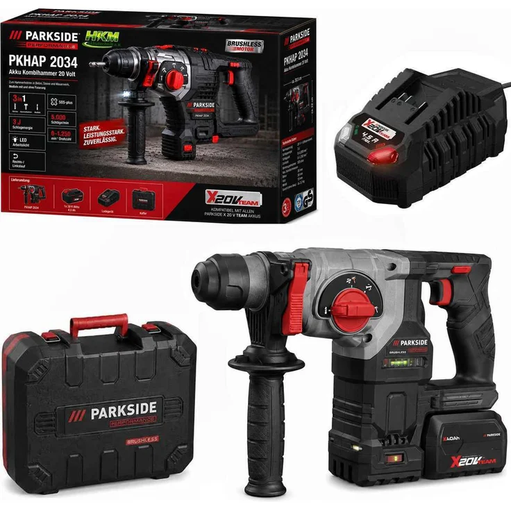 PARKSIDE PERFORMANCE Akku-Kombihammer PKHAP 2034-Li, 20V, 3J, bürstenloser Motor, SDS-Plus, inkl. Akku 4.0 Ah und Ladegerät C3