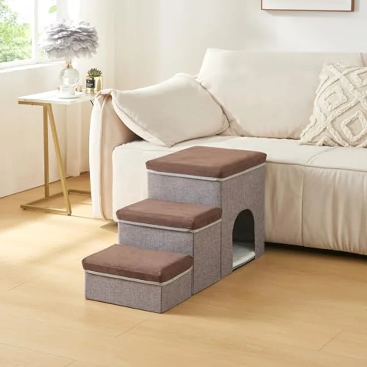 en.casa Hunderampe, »Vojens« bis 30 kg 76x33x43cm Braun / Grau, praktische dreistufige Treppe für Hunde und Katzen, platzsparend zusammenklappbar, gelenkschonend – Bild 3