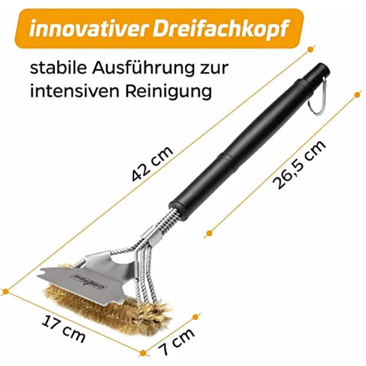 Grillfürst Premium Grillbürste mit Messing Borsten, 45 cm - Grill Reinigungsbürste für Grillrost, Grillrost Bürste mit breitem 3-Fach Bürstenkopf und Schaber – Bild 2