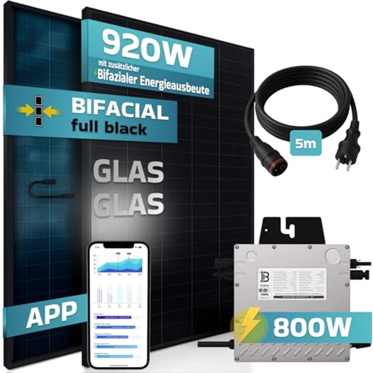 SUNNIVA Balkonkraftwerk Solaranlage 1196W / 800W FULL BLACK BIFACIAL BIFAZIAL, mit Beny BYM800 800 Watt Micro-Wechselrichter und 5m Anschlusskabel, drosselbar & upgradebar auf 600W oder 800W – Bild 2